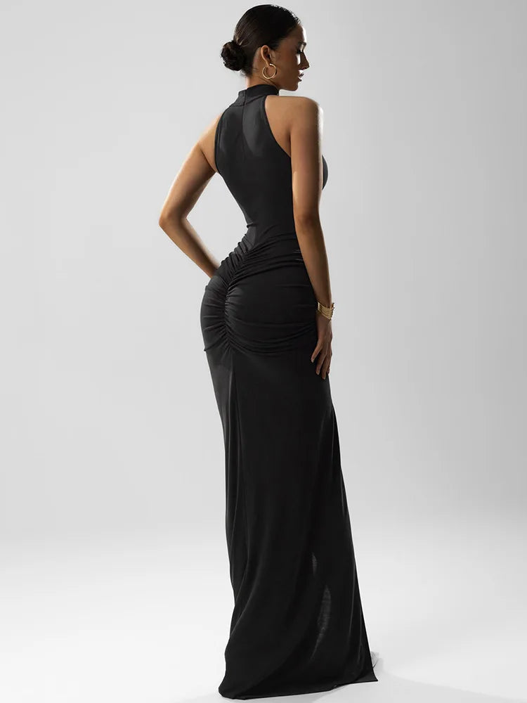 Robe Maxi Halter Froncée Sans Manches – Coupe Slim Taille Haute, Soirée & Club