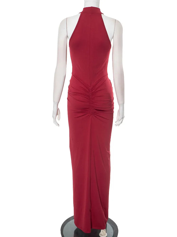 Robe Maxi Halter Froncée Sans Manches – Coupe Slim Taille Haute, Soirée & Club