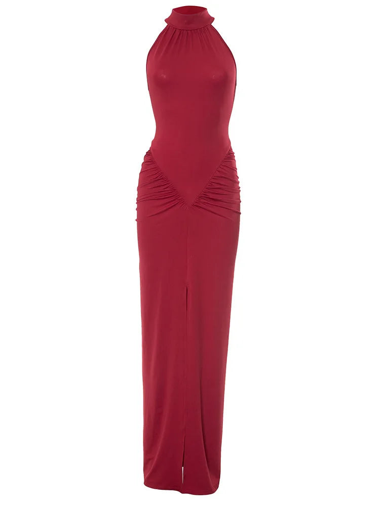 Robe Maxi Halter Froncée Sans Manches – Coupe Slim Taille Haute, Soirée & Club