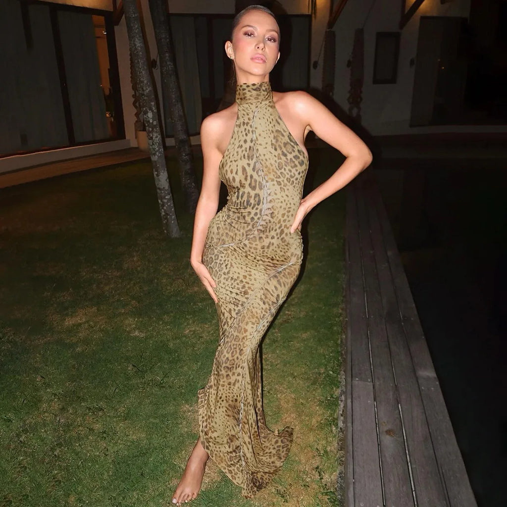 Robe Longue Dos Nu Léopard & Bandages — Tenue de Soirée Sexy Femme