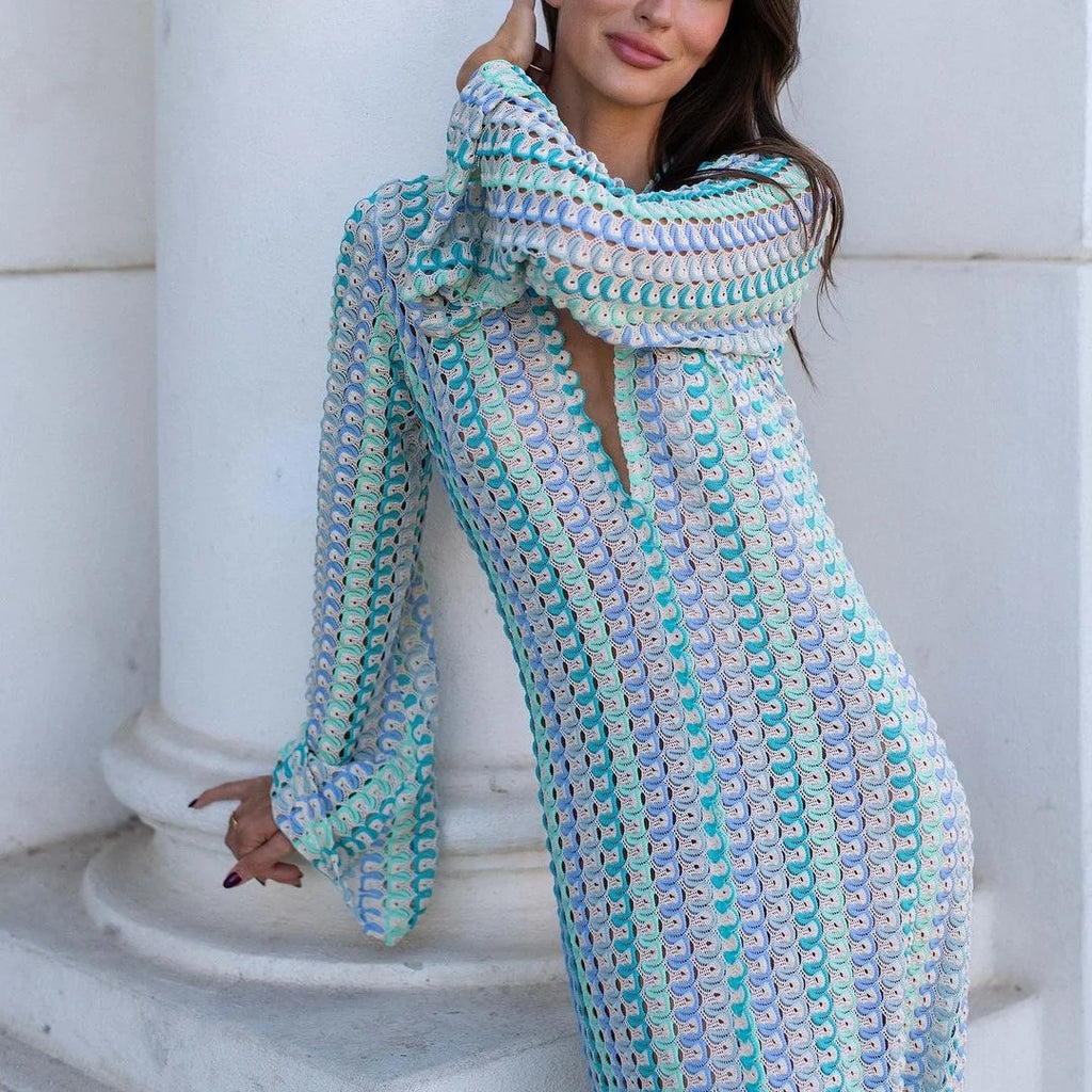 Robe Longue Maxi à Rayures Colorées au Crochet — Décolleté V & Fente Élégante