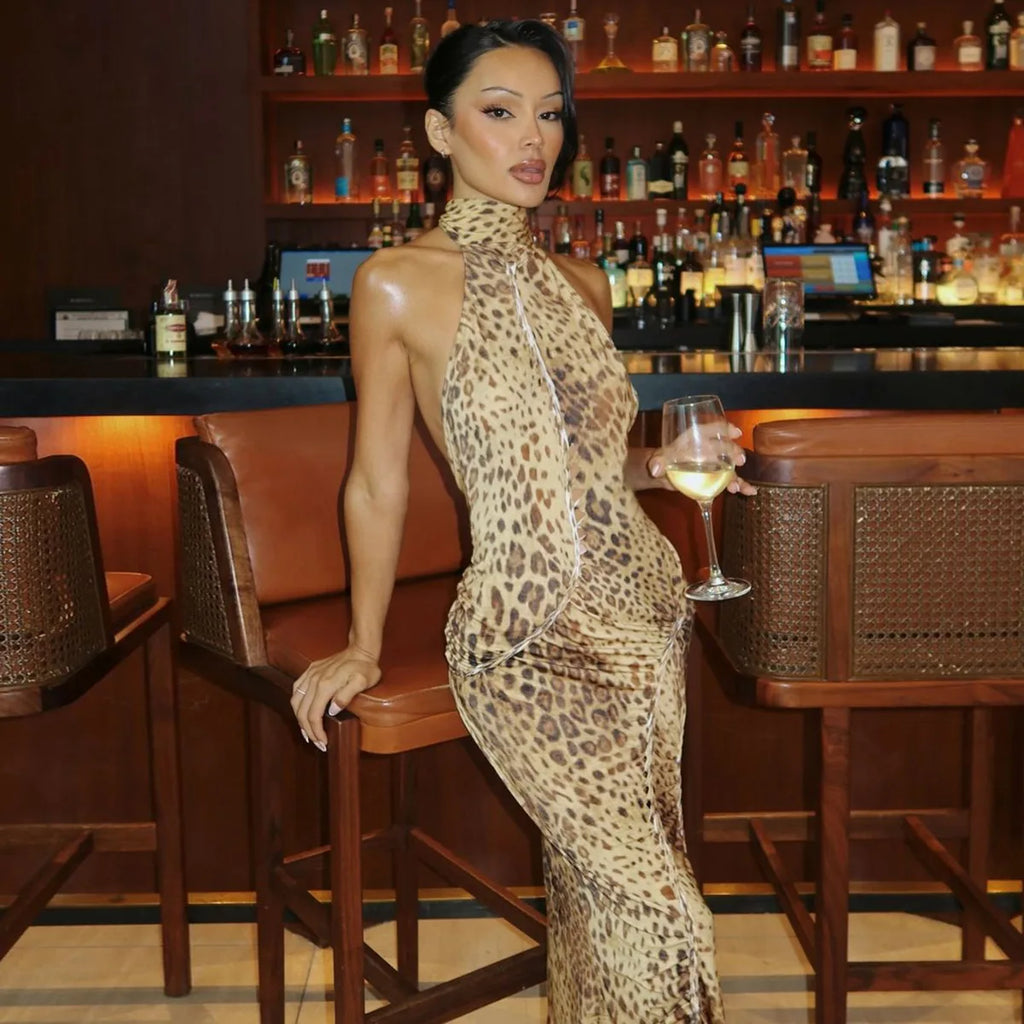 Robe Longue Dos Nu Léopard & Bandages — Tenue de Soirée Sexy Femme