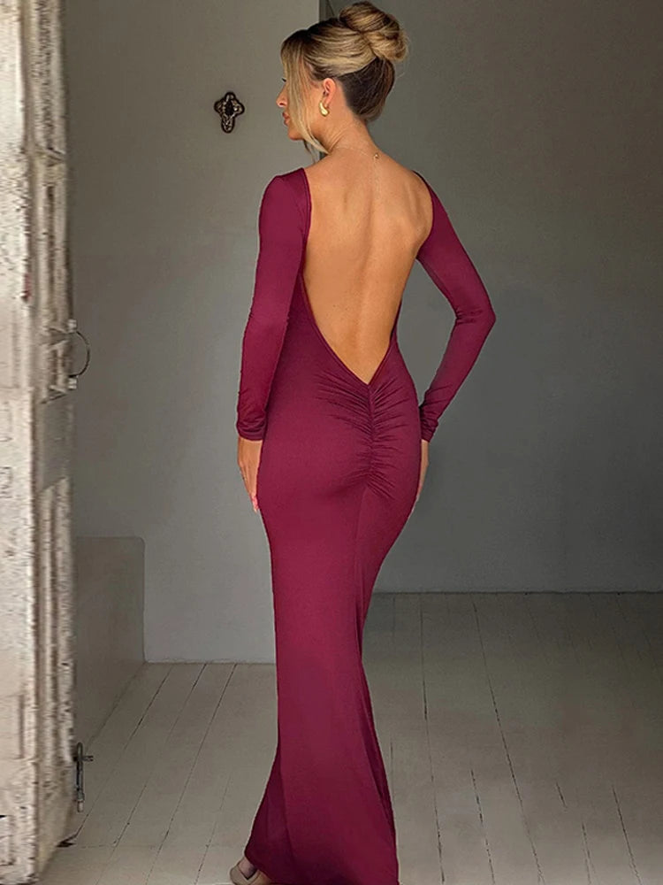 Robe Maxi Bodycon Dos Nu – Manches Longues, Coupe Slim, Style Soirée & Festival