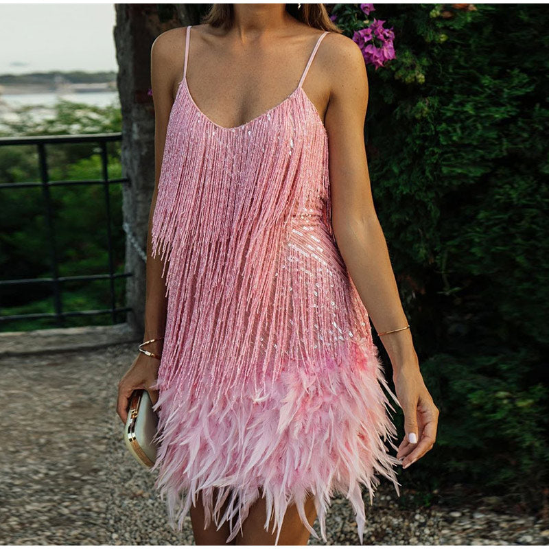 Robe Mini Sequins Plumes & Franges — Soirée & Club Été 2026