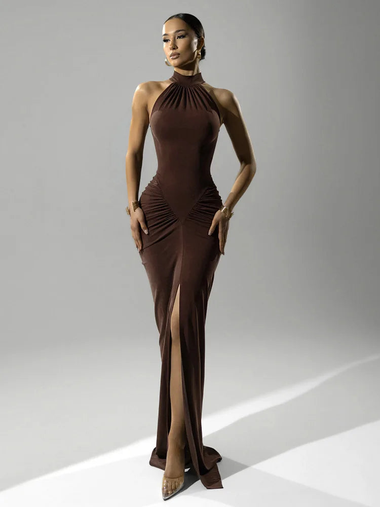 Robe Maxi Halter Froncée Sans Manches – Coupe Slim Taille Haute, Soirée & Club