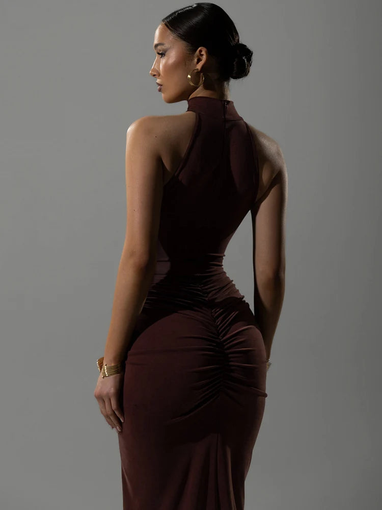 Robe Maxi Halter Froncée Sans Manches – Coupe Slim Taille Haute, Soirée & Club