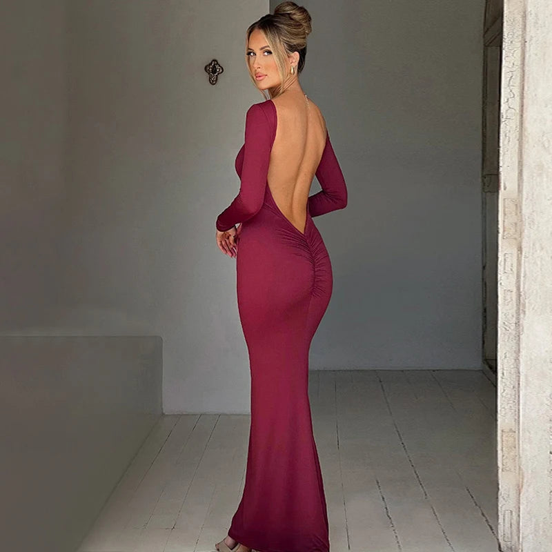 Robe Maxi Bodycon Dos Nu – Manches Longues, Coupe Slim, Style Soirée & Festival