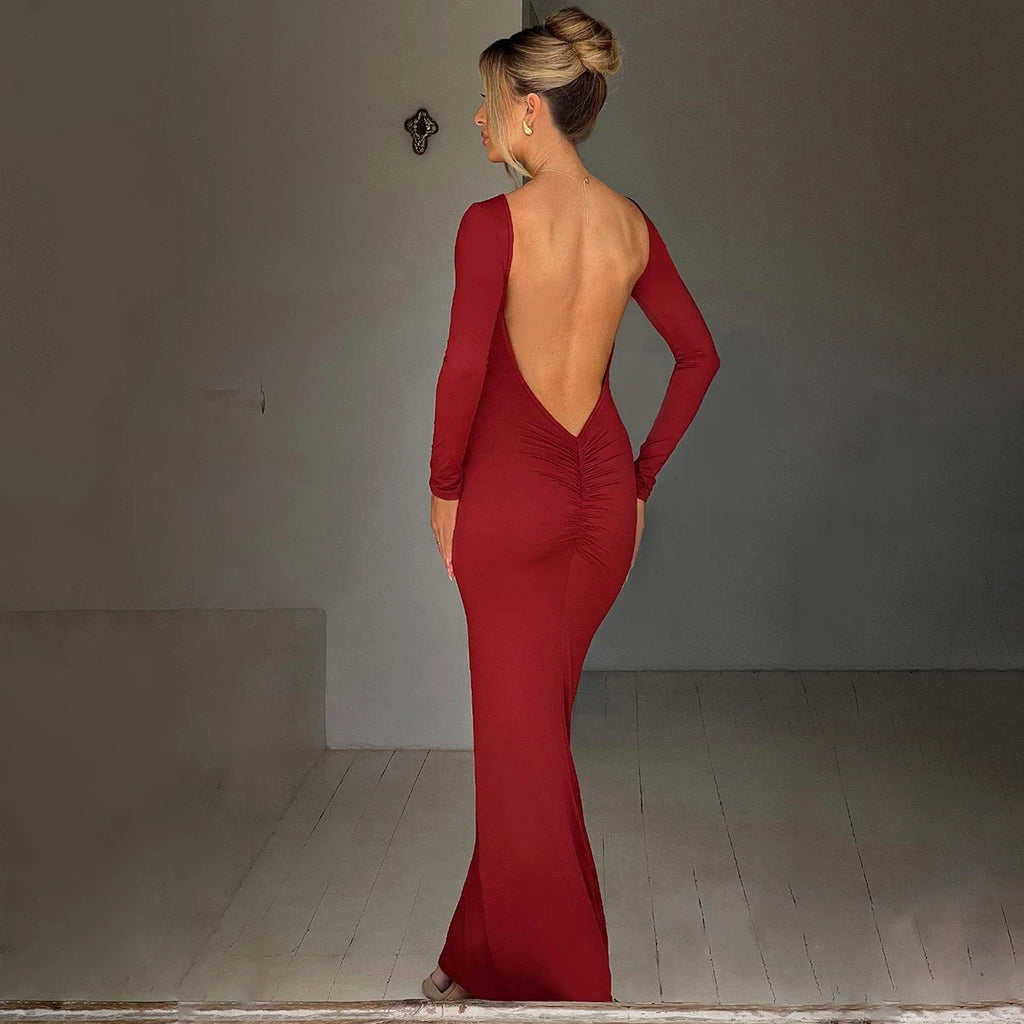 Robe Maxi Bodycon Dos Nu – Manches Longues, Coupe Slim, Style Soirée & Festival