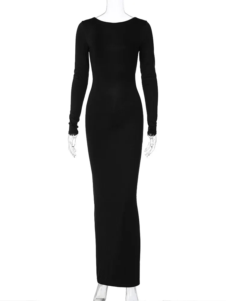 Robe Maxi Bodycon Dos Nu – Manches Longues, Coupe Slim, Style Soirée & Festival