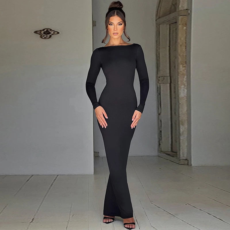Robe Maxi Bodycon Dos Nu – Manches Longues, Coupe Slim, Style Soirée & Festival