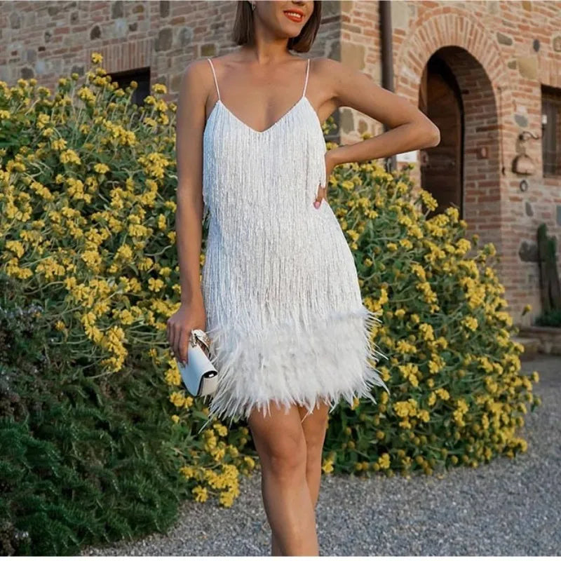 Robe Mini Sequins Plumes & Franges — Soirée & Club Été 2026