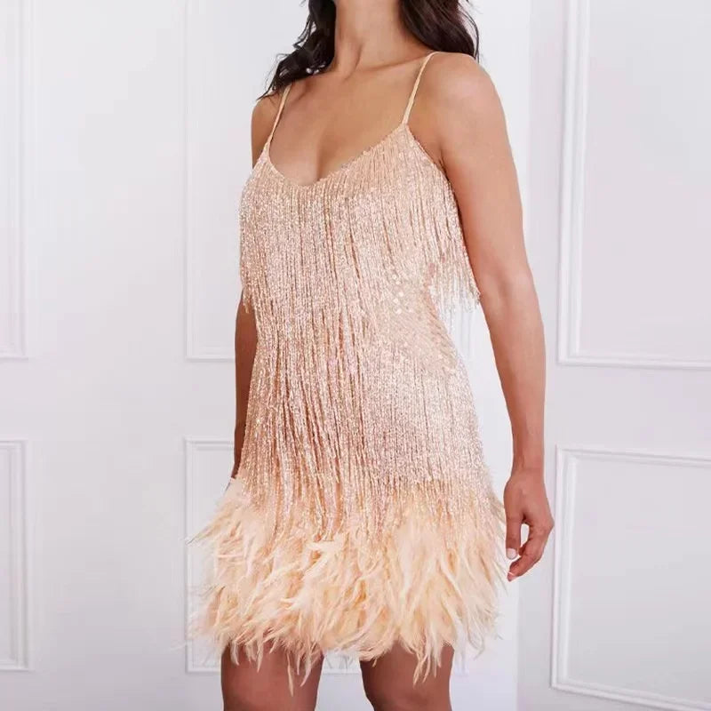 Robe Mini Sequins Plumes & Franges — Soirée & Club Été 2026
