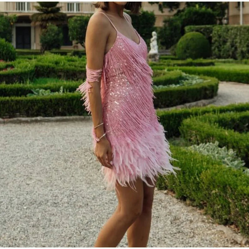 Robe Mini Sequins Plumes & Franges — Soirée & Club Été 2026