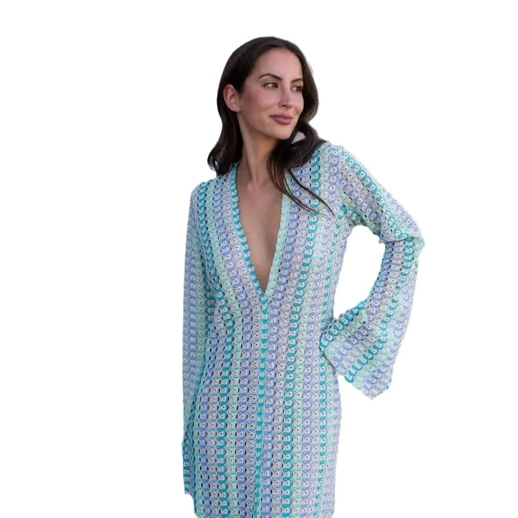 Robe Longue Maxi à Rayures Colorées au Crochet — Décolleté V & Fente Élégante