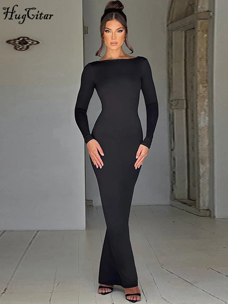 Robe Maxi Bodycon Dos Nu – Manches Longues, Coupe Slim, Style Soirée & Festival