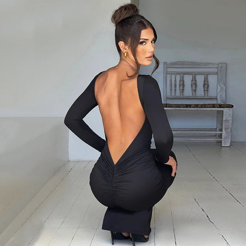 Robe Maxi Bodycon Dos Nu – Manches Longues, Coupe Slim, Style Soirée & Festival