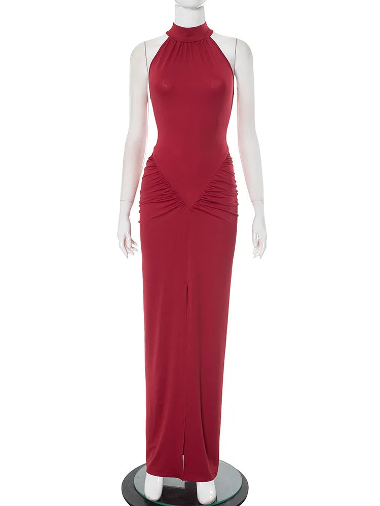 Robe Maxi Halter Froncée Sans Manches – Coupe Slim Taille Haute, Soirée & Club