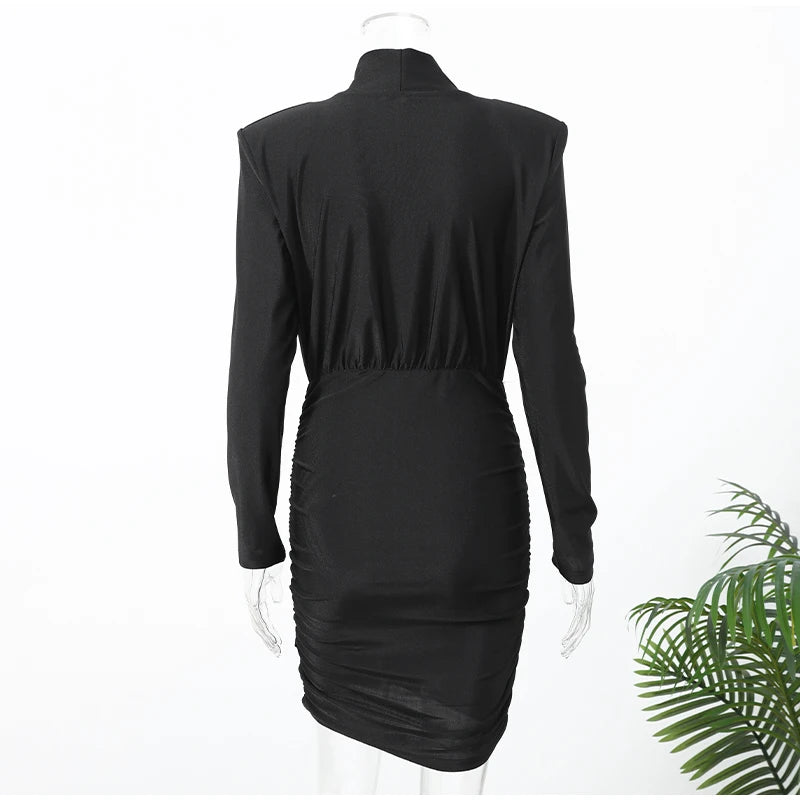 Mini-Robe Noire Épaulettes Plisées & Col Montant — Coupe Slim Tendance 2025