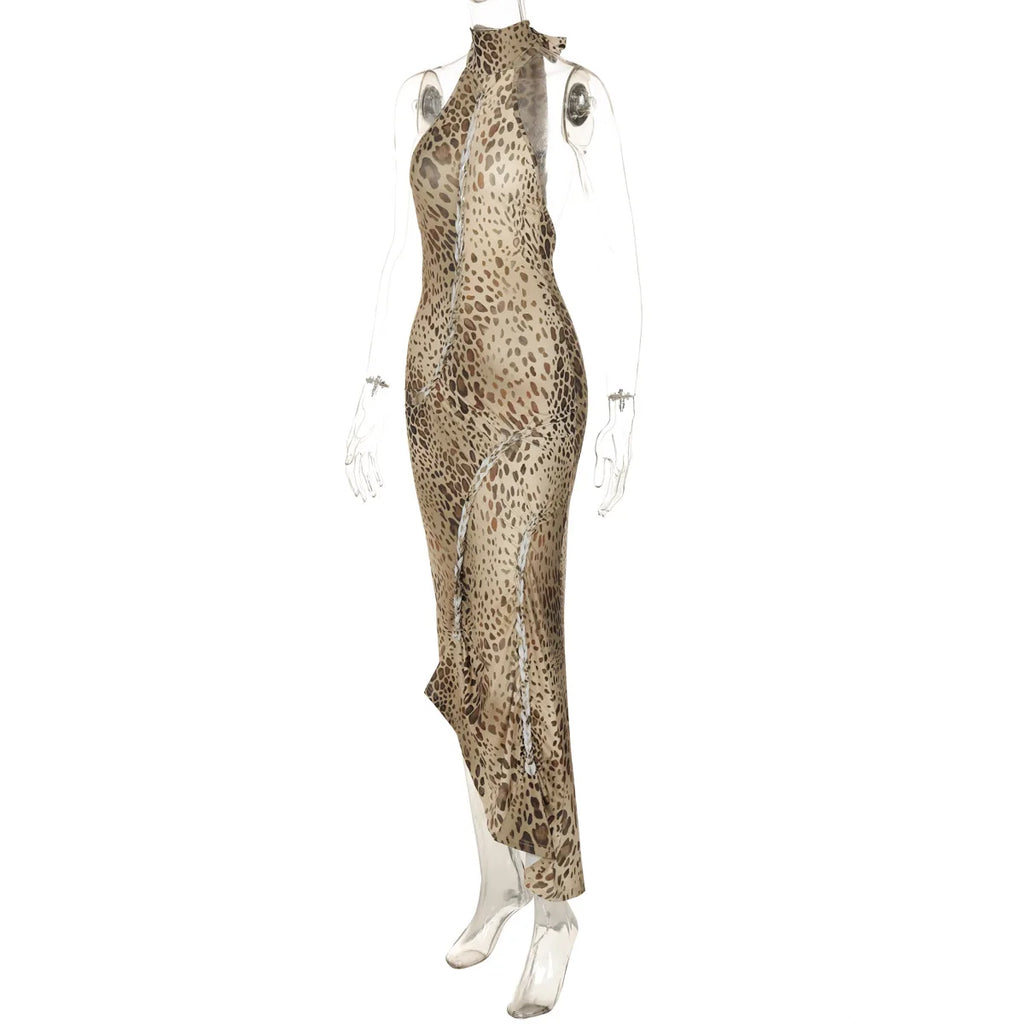 Robe Longue Dos Nu Léopard & Bandages — Tenue de Soirée Sexy Femme