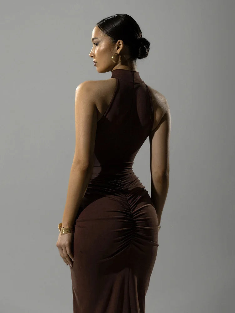 Robe Maxi Halter Froncée Sans Manches – Coupe Slim Taille Haute, Soirée & Club