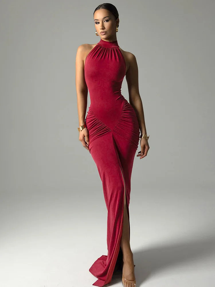 Robe Maxi Halter Froncée Sans Manches – Coupe Slim Taille Haute, Soirée & Club