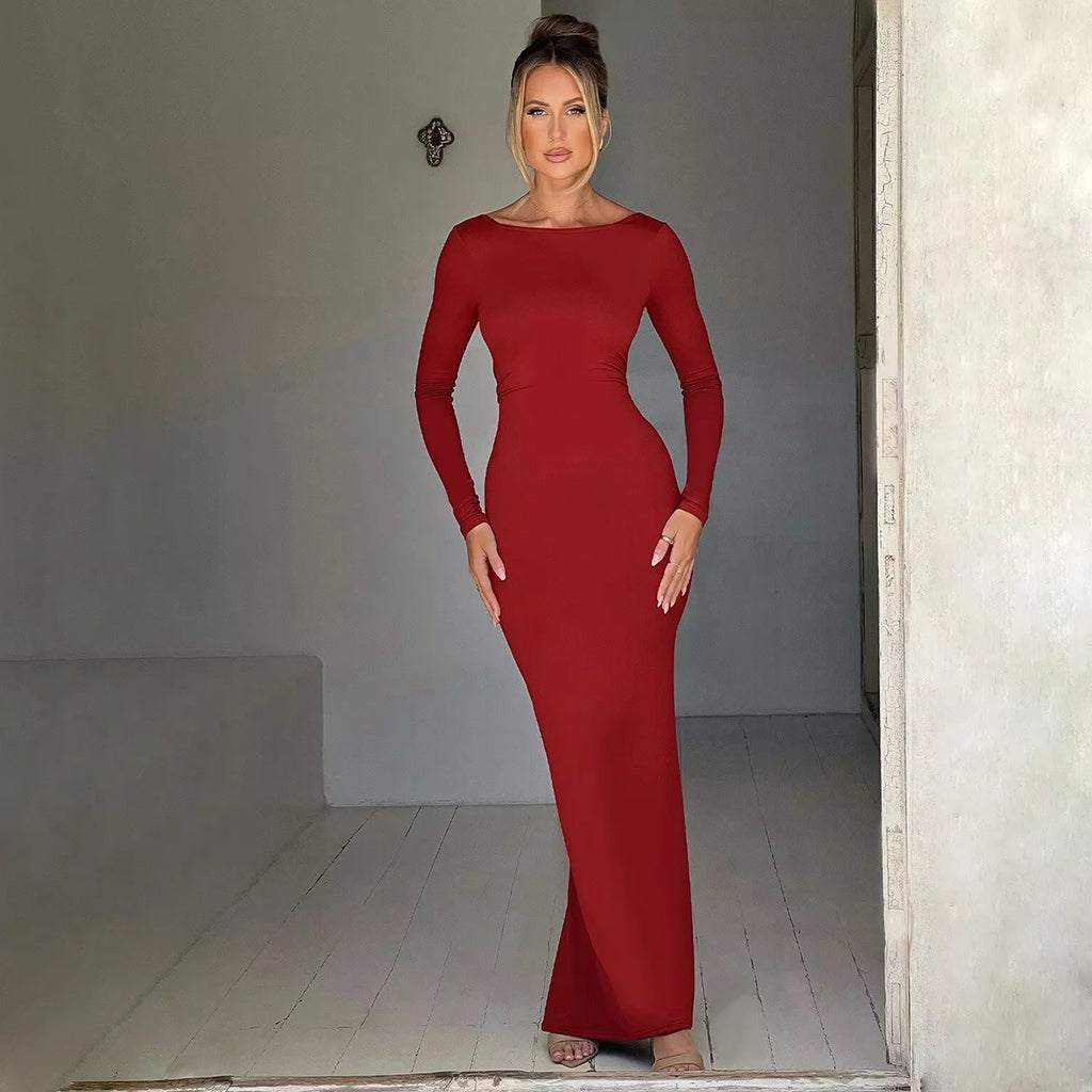 Robe Maxi Bodycon Dos Nu – Manches Longues, Coupe Slim, Style Soirée & Festival