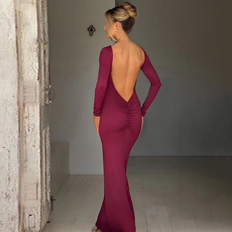 Robe Maxi Bodycon Dos Nu – Manches Longues, Coupe Slim, Style Soirée & Festival