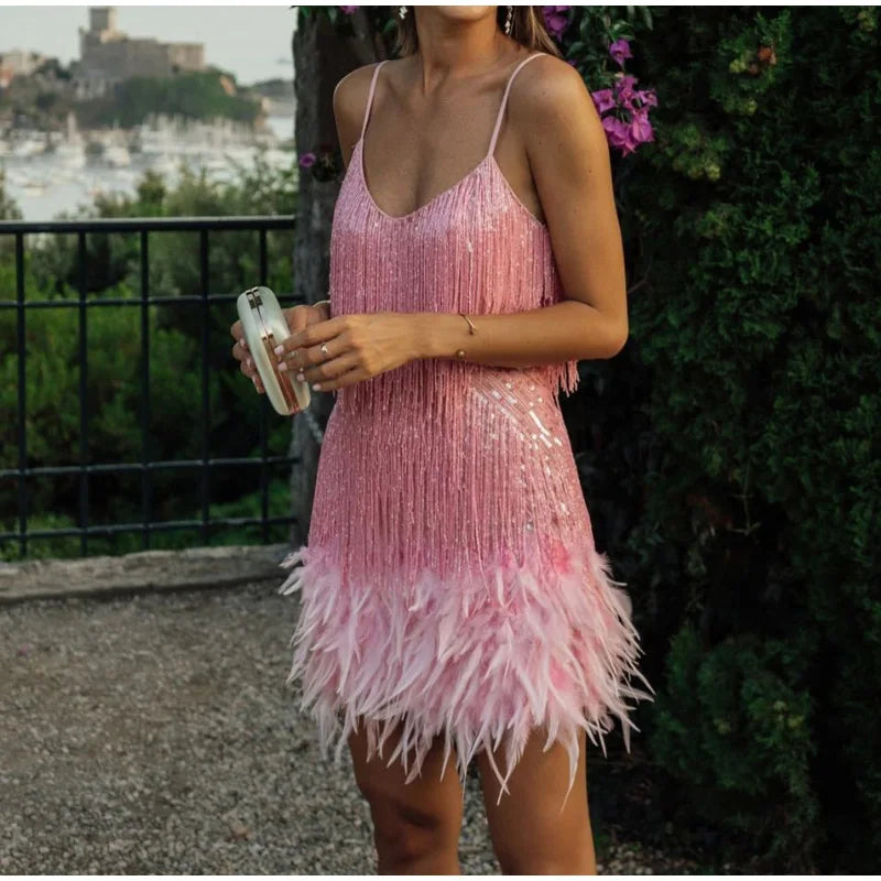 Robe Mini Sequins Plumes & Franges — Soirée & Club Été 2026