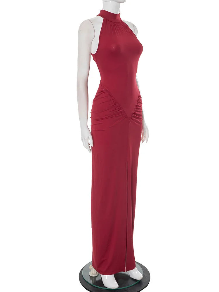 Robe Maxi Halter Froncée Sans Manches – Coupe Slim Taille Haute, Soirée & Club
