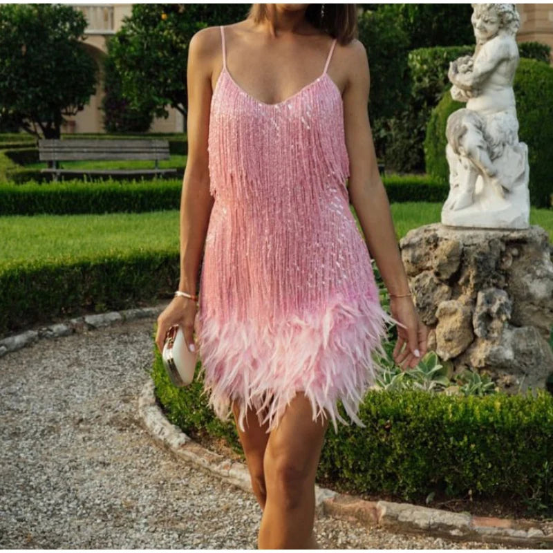 Robe Mini Sequins Plumes & Franges — Soirée & Club Été 2026