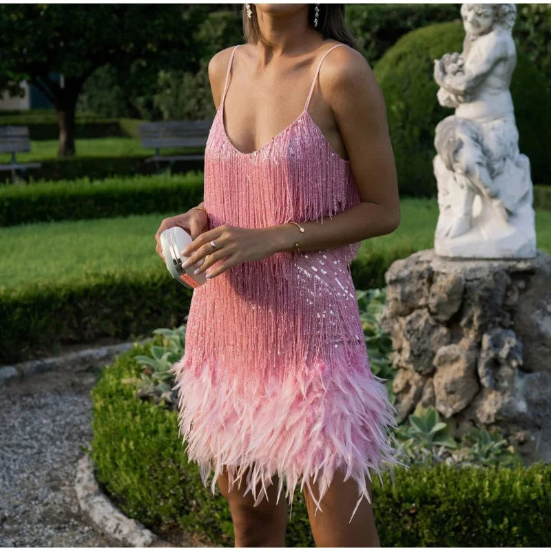 Robe Mini Sequins Plumes & Franges — Soirée & Club Été 2026