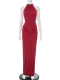 Robe Maxi Halter Froncée Sans Manches – Coupe Slim Taille Haute, Soirée & Club