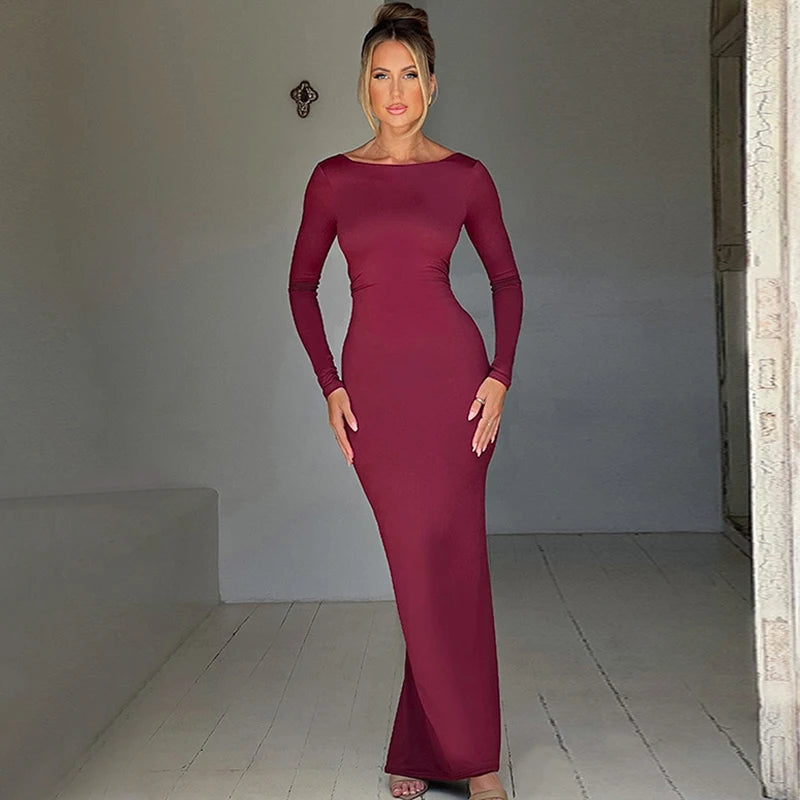 Robe Maxi Bodycon Dos Nu – Manches Longues, Coupe Slim, Style Soirée & Festival