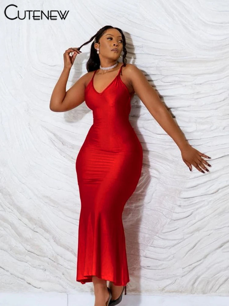 Robe Longue Rouge Brillante Bretelles Dos Nu — Streetwear & Soirée 2026