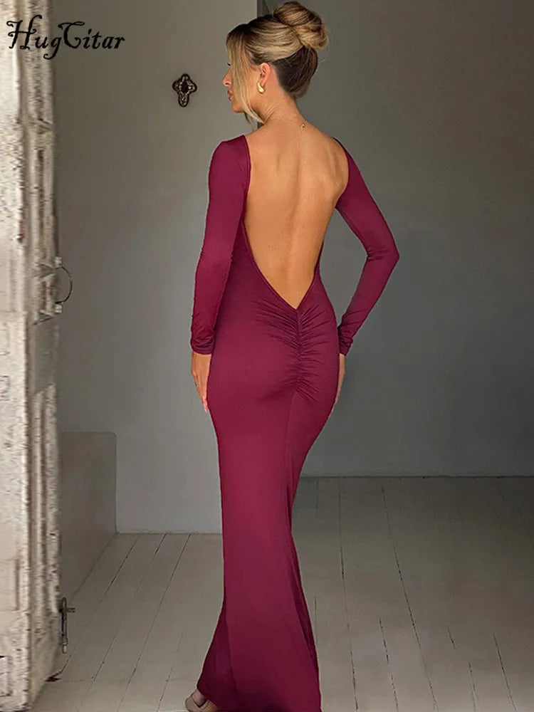 Robe Maxi Bodycon Dos Nu – Manches Longues, Coupe Slim, Style Soirée & Festival