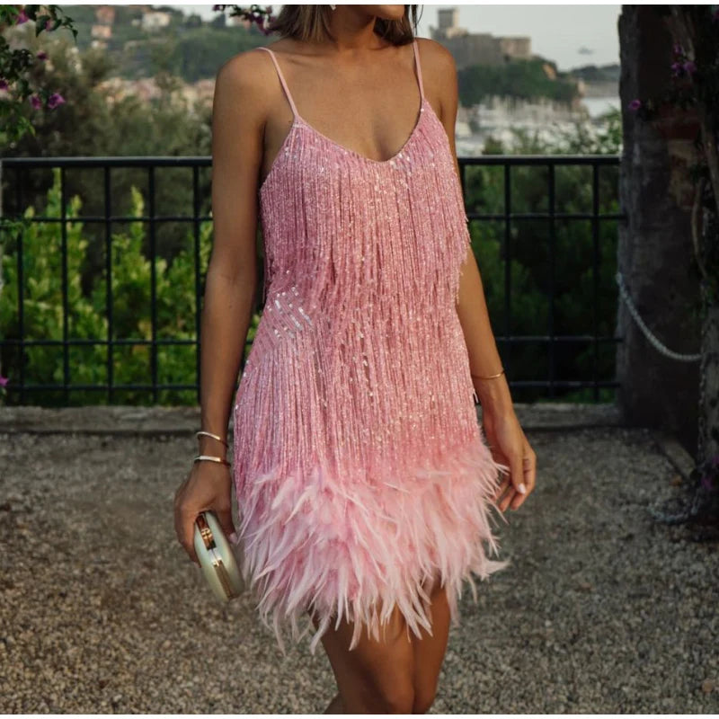 Robe Mini Sequins Plumes & Franges — Soirée & Club Été 2026
