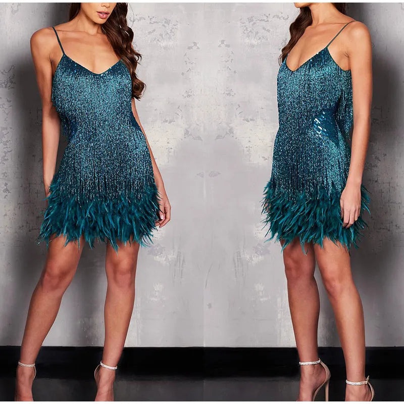 Robe Mini Sequins Plumes & Franges — Soirée & Club Été 2026