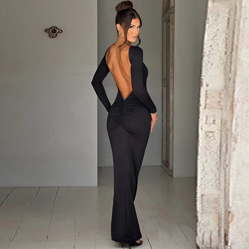 Robe Maxi Bodycon Dos Nu – Manches Longues, Coupe Slim, Style Soirée & Festival