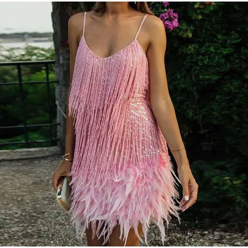 Robe Mini Sequins Plumes & Franges — Soirée & Club Été 2026