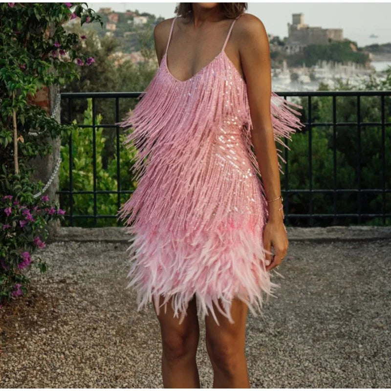 Robe Mini Sequins Plumes & Franges — Soirée & Club Été 2026
