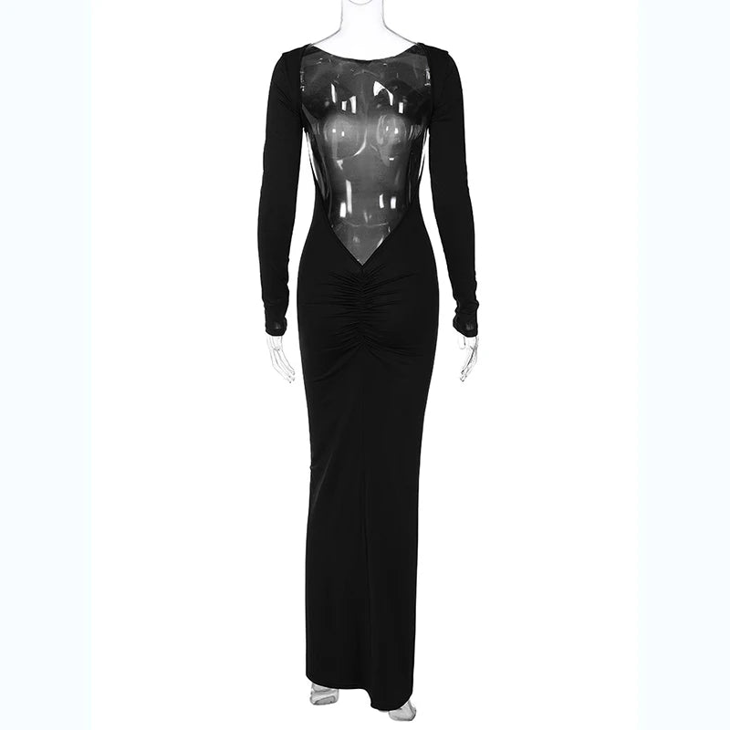 Robe Maxi Bodycon Dos Nu – Manches Longues, Coupe Slim, Style Soirée & Festival