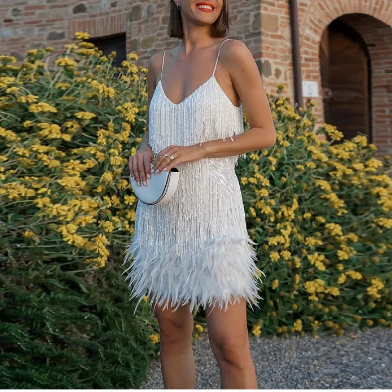 Robe Mini Sequins Plumes & Franges — Soirée & Club Été 2026