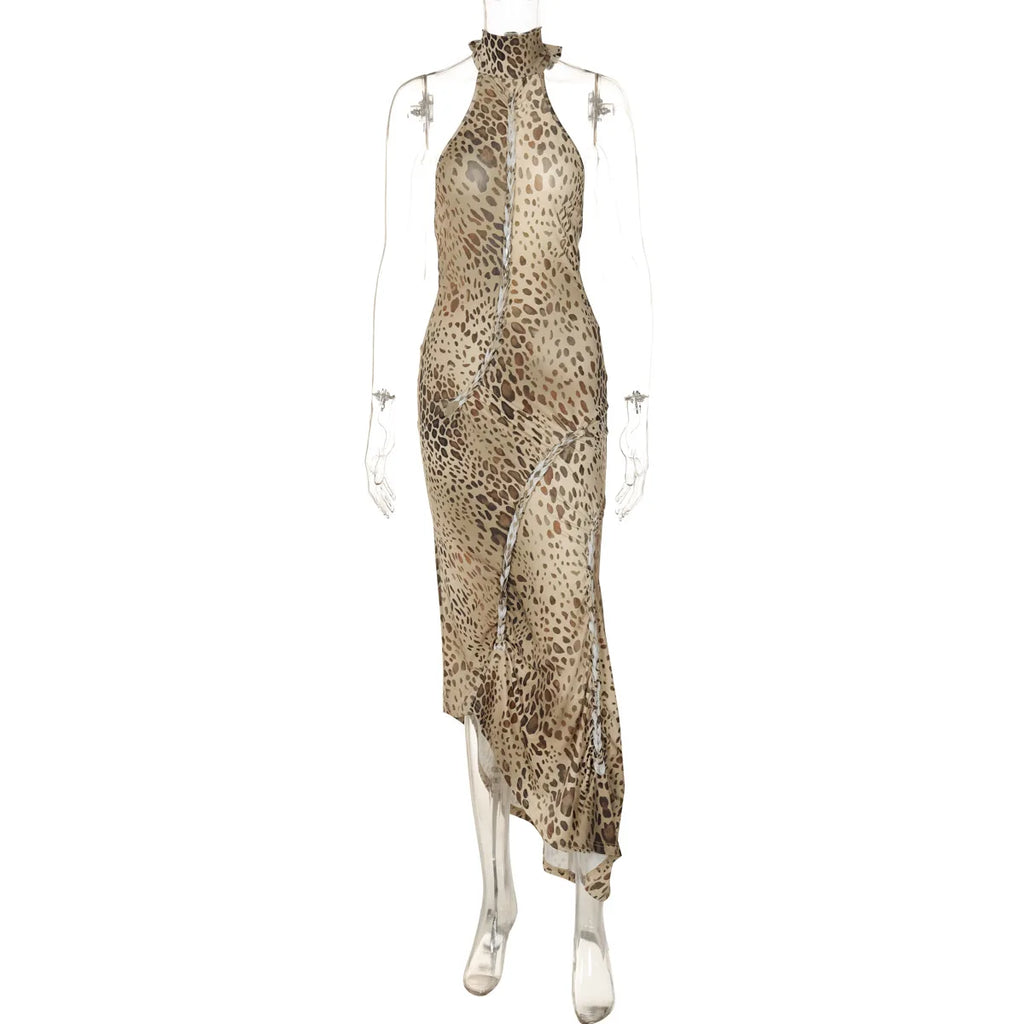 Robe Longue Dos Nu Léopard & Bandages — Tenue de Soirée Sexy Femme
