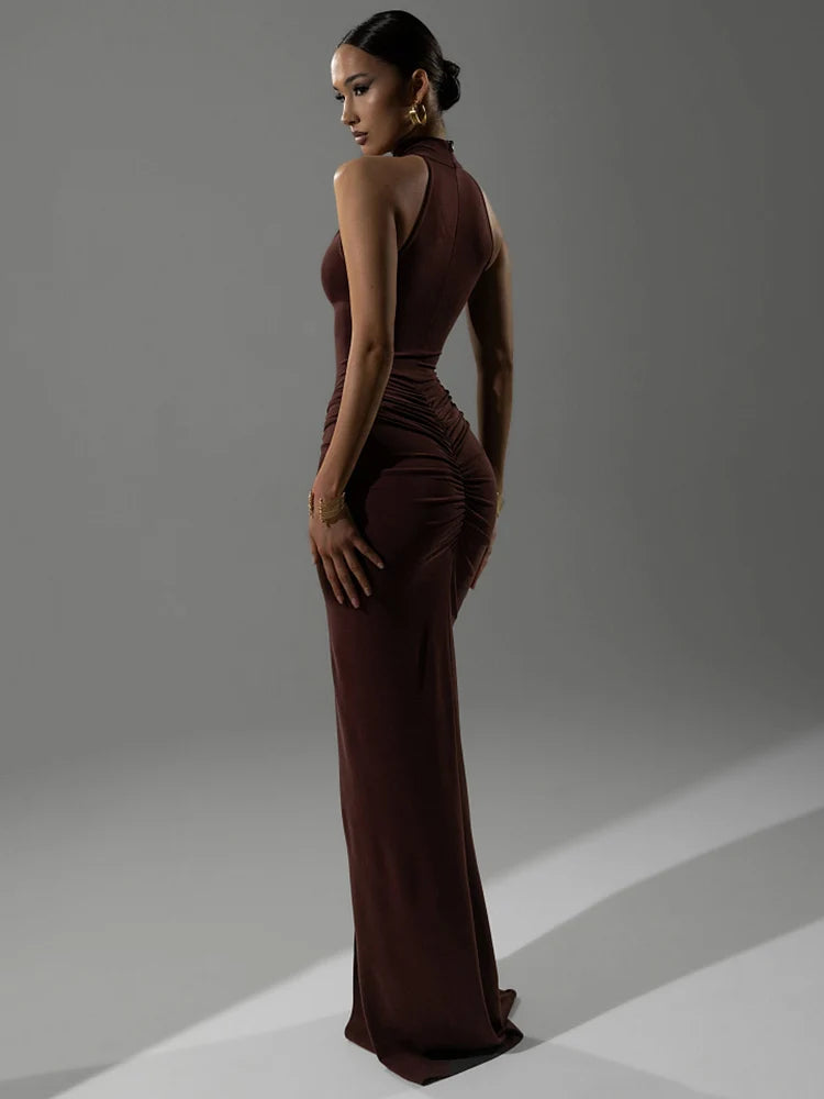Robe Maxi Halter Froncée Sans Manches – Coupe Slim Taille Haute, Soirée & Club