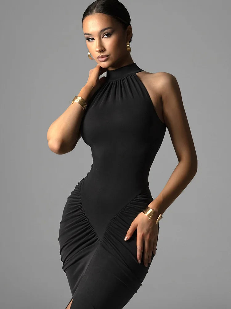 Robe Maxi Halter Froncée Sans Manches – Coupe Slim Taille Haute, Soirée & Club