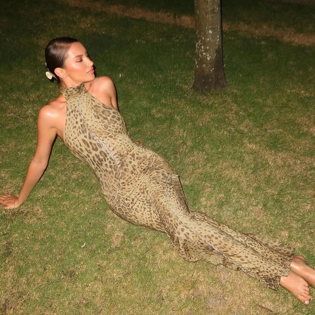 Robe Longue Dos Nu Léopard & Bandages — Tenue de Soirée Sexy Femme