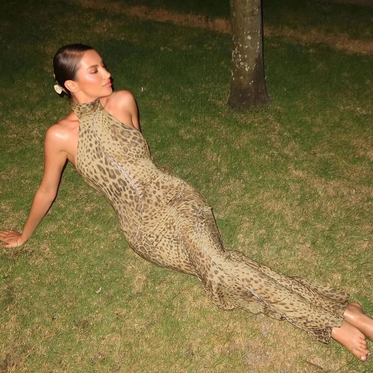 Robe Longue Dos Nu Léopard & Bandages — Tenue de Soirée Sexy Femme