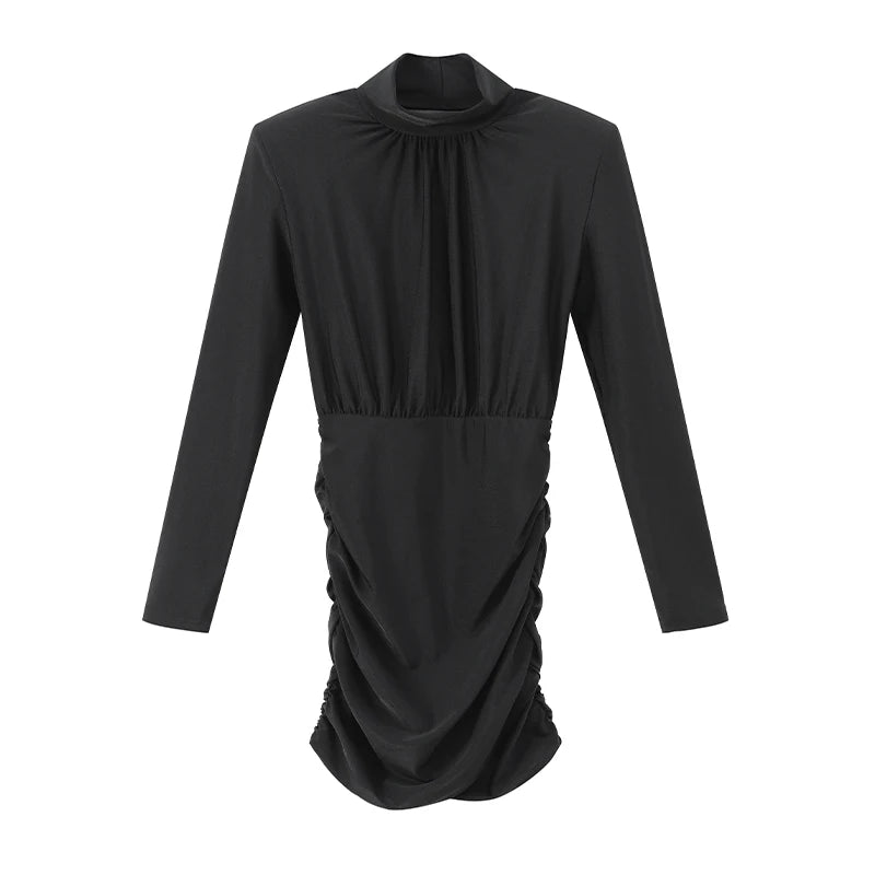 Mini-Robe Noire Épaulettes Plisées & Col Montant — Coupe Slim Tendance 2025